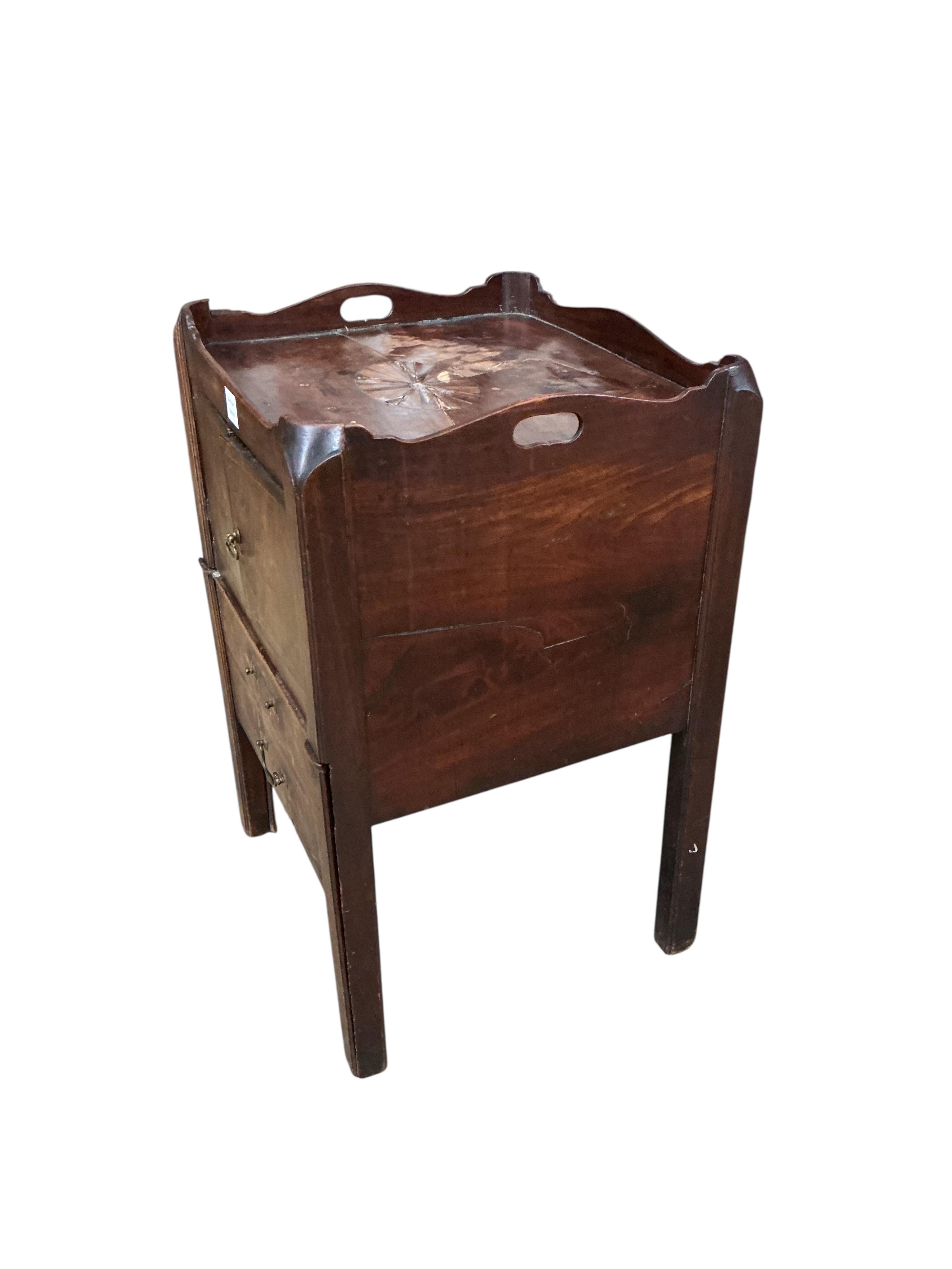 A George III inlaid mahogany tray top bedside cabinet, width 50cm, depth 46cm, height 77cm